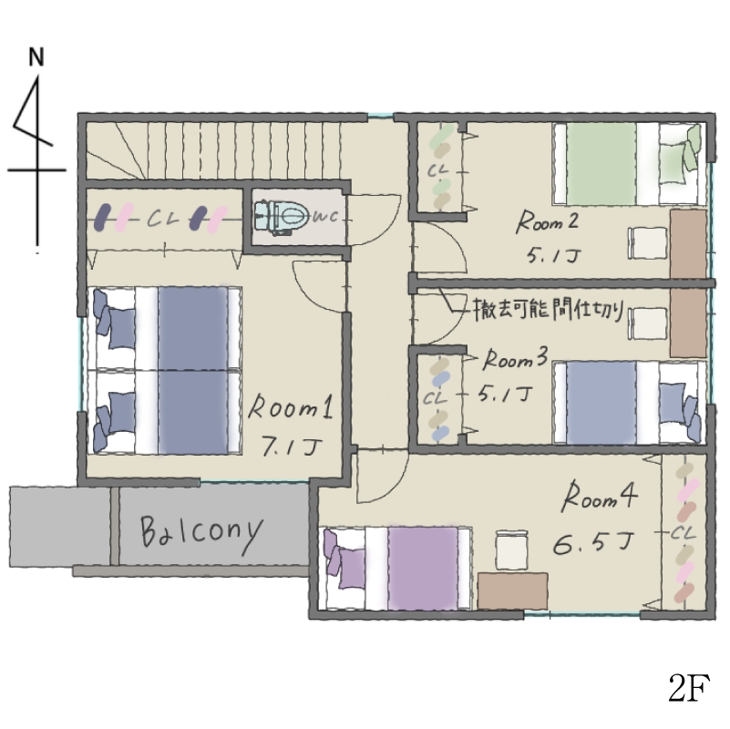 フォリア北区真畔町I　A号棟間取り(4LDK)　2階　撤去可能間仕切りあり