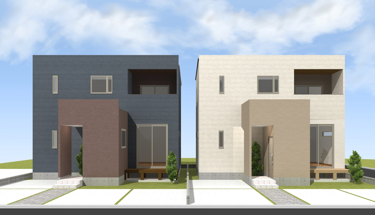 名古屋市北区の新築分譲一戸建て住宅「フォリア北区中味鋺」のCD棟ウッドデッキのある外観イメージ